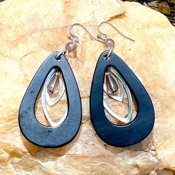 Jewelry - Vintage ebony wood long teardrop, metal and bead earrings